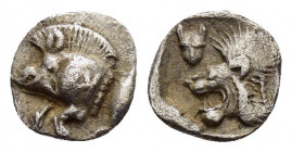 MYSIA.Kyzikos.(Circa 525-475 BC).Obol.

Obv : Forepart of boar left, behind, tunny fish.

Rev : Head of roaring lion to left within incuse square, fac...