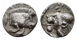 MYSIA.Kyzikos.(Circa 450-400 BC).Obol.

Obv : Forepart of boar left; to right, tunny upward.

Rev : Head of lion left; retrograde K to upper left; all...