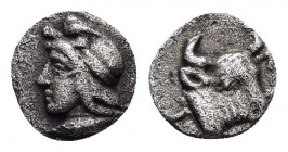 MYSIA.Kyzikos.( Circa 410-400 BC).Hemiobol.

Obv : Head of Attis left wearing Phyrgian helmet.

Rev : Head of bull right.
Klein 268; SNG Aulock 7336.
...