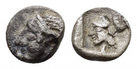 MYSIA.Lampsakos(?).(Circa 500-450 BC).Obol.

Obv : Female to head.

Rev : Helmeted head of Athena to left, within incuse square.

Condition : Very fin...