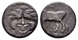 MYSIA.Parion.(4th century BC).Hemidrachm. 

Obv : Gorgoneion.

Rev : ΠA–PI.
Bull standing left, head right; six-pointed star below. 
SNG France 1368-1...