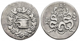 MYSIA.Pergamon.(133-67 BC).Cistophoric Tetradrachm. 

Obv : Serpent emerging from cista mystica; all within ivy wreath.

Rev : Bow-case with two serpe...