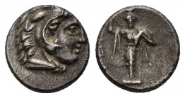 MYSIA. Pergamon.(Circa 310-282 BC).Diobol.

Obv : Head of Herakles right, wearing lion's skin.

Rev : ΠEPΓAM.
Archaistic Palladion: statue of Pallas A...