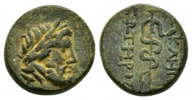 MYSIA.Pergamon.( 200-113 BC).Civic Issue.Ae.

Obv : Laureate head of Aesclepios (or Zeus) right.

Rev : ΑΣ - ΚΛΗΠΙΟΥ / ΣΩΤΗΡΟΣ.
Serpent-entwined staff...