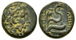 MYSIA.Pergamon.(Circa 133-27 BC). Ae.

Obv : Laureate head of Asklepios to right. 

Rev : AΣKΛHΠIOΣ - ΣΩTHPOΣ.
Serpent coiled around omphalos; in inne...