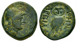 MYSIA.Pergamon.(Circa 133-27 BC).Ae.

Obv : Helmeted head of Athena right within wreath.

Rev : AΘHNAΣ APEIAΣ.
Owl standing right, head facing.
Fritze...