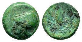 AEOLIS.Elaea.(Circa 350-300 BC).Ae.

Obv : Head of Athena left, wearing crested Corinthian helmet pushed back on head.

Rev : E-Λ.
Grain seed, all in ...