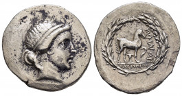 AEOLIS.Kyme.(Circa 165-140 BC).Tetradrachm.

Obv : Head of the Amazon Kyme right, hair bound with ribbon.

Rev : KYMAIΩN OΛYMΠIOC.
Horse prancing righ...