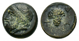 AEOLIS.Temnos.(Circa 300-200 BC).Ae.

Obv : Bearded head of Dionysos to left, wreathed with ivy.

Rev : T-A.
Bunch of grapes.
SNG Copenhagen 246-248.
...