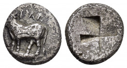 BITHYNIA.Kalchedon.(Circa 340-320 BC).Half Siglos.

Obv : KAΛ.
Bull standing left on grain ear.

Rev : Quadripartite square of mill-sail pattern.
SNG ...