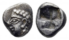 IONIA.Kolophon.(Late 6th Century BC).Obol.

Obv : Archaic head of Apollo to left.

Rev : Quadripartite incuse square.
SNG Kayhan 343-347; SNG Aulock 1...