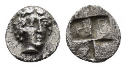 IONIA.Kolophon.(Circa 500-450 BC).Tetartemorion.

Obv : Facing head of Apollo.

Rev : H P.
Quadripartite incuse square.

Condition : Good very fine.

...
