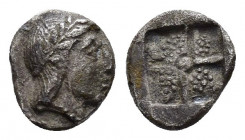 IONIA.Kolophon.(350 BC).Tartemorion.

Obv : Head of Apollo right.

Rev : Quadripartite incuse square with dot in centre.
Milne 12A; SNG Aulock 7904.

...