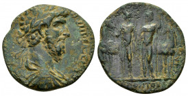 PONTUS.Neocaesarea .Lucius Verus.(161-169).Ae.

Obv : ΑΥΤΟΚΡΑΤΟΡ ΟVΗΡΟϹ ϹƐΒ.
Laureate headed bust right.

Rev : ΑΔΡ..Ι ΝƐΟΚƐϹΑΡ... ΠΟΝΤΟ...
Nude Diosc...