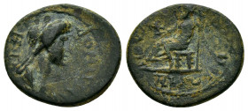 LYDIA.Iulia Gordus.Domitia (82-96).Ae.

Obv : ΔΟΜΙΤΙΑ ϹƐΒΑϹΤΗ.
Draped bust to right.

Rev : ΙΟΥΛΙƐΩΝ ΓΟΡΔΗΝΩΝ, ΜΠΡ.
Zeus seated, left, holding eagle a...