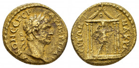 LYDIA.Nacrasa.Trajan.(98-117).Ae.

Obv : ΑΥ ΝΕΡ ΤΡΑΙΑΝΟΝ ϹΕ ΓΕΡ.
Laureate head right.

Rev : ΝΑΚΡΑϹΙΤΩΝ.
Tetrastyle temple with which statue of Artemi...