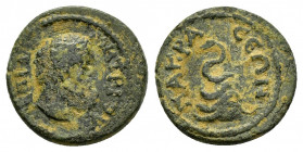 LYDIA.Nakrasa.Pseudo-autonomous.Time of Trajan to Antoninus Pius.(98-161).Ae.

Obv : EΠΙ DEMETPIOY.
Head of Herakles right.

Rev : NAKRACITΩΝ.
Omphalo...