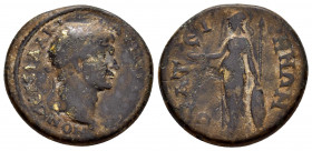 LYDIA.Thyateira.Trajan.(98-117). Ae.

Obv : AV NERBAN TPAIANON CE.
Laureate head to right.

Rev : ΘYATEIPHNΩN.
Athena helmeted in long chiton standing...