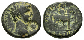 PHRYGIA.Hierapolis.Nero.(54-68).Ae.

Obv : ΝΕΡΩΝ ΚΑΙΣΑΡ.
Draped bust right.

Rev : ΠΕΡΕΙΤΑΣ Β ΓΡ ΙΕΡΑΠΟΛΙΤΩΝ.
Apollo on horseback, right, with double ...