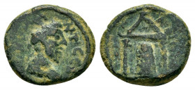 PAMPHYLIA.Perge. Marcus Aurelius.(161-180).Ae.

Obv : ΑV Κ Μ ΑΝΤ ϹƐΒ.
Laureate head to right.

Rev : ΠƐΡΓΑΙΩΝ.
Temple with two columns including statu...