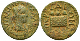 PAMPHYLIA.Perge.Gallienus.(253-268).Ae.

Obv : ΑVΤ ΚΑΙ ΠΟ ΛΙ ΓΑΛΛΙΗΝΟ CЄΒ.
Laureate, draped and cuirassed bust.

Rev : ΠЄP-ΓAI-ΩN.
Large chest three p...