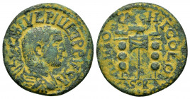 PISIDIA.Antioch.Philip I.(244-249).Ae.

Obv : IMP M IVL PHILIPPVS A.
Radiate, draped and cuirassed bust to right.

Rev : ANTIO-CHI C/OLON / S-R.
Vexil...