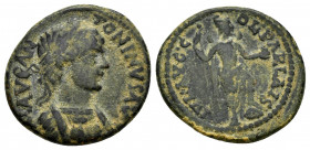 PISIDIA.Parlais.Caracalla.(198-217).Ae. 

Obv : M AVR ANTONINVS AVG.
Laureate, draped bust right

Rev : IVL AVG COL PARLAIS.
Caracalla as Mên in milit...