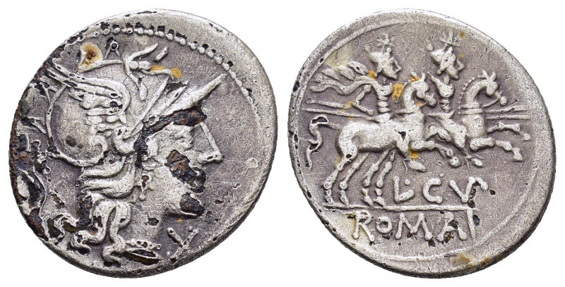 L. CUPIENNIUS.(147 BC.).Denarius.

Obv : X.
Helmeted head of Roma, right; beh...