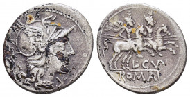 L. CUPIENNIUS.(147 BC.).Denarius.

Obv : X.
Helmeted head of Roma, right; behind, mark. Border of dots.

Rev : L·CVP.
Dioscuri galloping right. ...