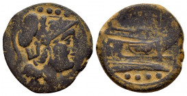 ANONYMOUS.(169-158 BC).Ae.

Obv : Helmeted head of Minerva right.

Rev : ROMA.
Prow of galley right; four pellets to right, ass standing right above.
...