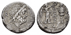 P. SABINUS. (99 BC).Rome. Quinarius.

Obv : R.
Laureate head of Jupiter right; behind, control-mark. Border of dots.

Rev : P·SABIN R.
Victory r...