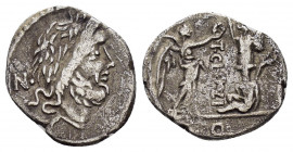 T. CLOELIUS.(98 BC).Rome.Quinarius.

Obv : N.
Laureate head of Jupiter right; behind, control-mark. Border of dots.

Rev : T·CLOVLI.
Victory rig...
