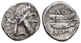 CNAEUS POMPEIUS MAGNUS.(49-48 BC).Uncertain in Greece.Denarius.

Obv : NVMA CN·PISO·PRO·Q.
Bearded head of Numa right, wearing diadem inscribed NVM...