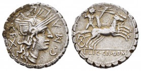 C. MALLEOLUS.(118 BC).Rome.Denarius.

Obv : C·MA L – LE·C·F.
Helmeted head of Roma right; behind, X.

Rev : L·LIC·CN·DOM.
Bearded warrior in fas...