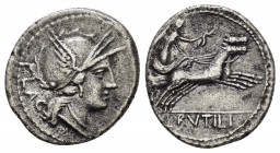 L. RVTILIVS FLACCVS.(77 BC). Rome.Denarius.

Obv : FLAC.
Helmeted head of Roma right.

Rev : L RVTILI.
Victory driving biga right, holding wreat...