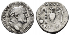 VESPASIAN.(69-79). Rome.Denarius.

Obv : IMP CAES VESP AVG P M COS IIII.
Head of Vespasian, laureate, right.

Rev : AVGVR TRI POT.
Simpulum, sprinkler...