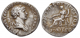 TRAJAN.(98-117).Rome.Denarius.

Obv : IMP CAES NER TRAIANO OPTIMO AVG GER DAC.
Bust of Trajan, laureate, draped, right.

Rev : P M TR P COS VI P P S P...