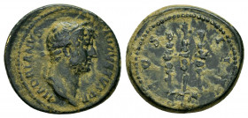 HADRIAN.(117-138).Rome.Semis.

Obv : HADRIANVS AVGVSTVS.
Head of Hadrian, laureate, right.

Rev : COS III // S C.
Eagle between two standards.
RIC II ...