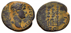 HADRIAN.(117-138).Rome.Semis.

Obv : HADRIANVS AVGVSTVS.
Head of Hadrian, laureate, right.

Rev : COS III // S C.
Eagle between two standards.
RIC II ...