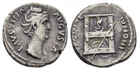 FAUSTINA I.(138-140).Rome.Denarius.

Obv : FAVSTINA AVGVSTA.
Bust of Faustina I, draped, right, hair elaborately waved in several loops round head and...