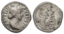 FAUSTINA II.(147-176).Rome.Denarius.

Obv : FAVSTINA AVGVSTA.
Bust of Faustina II, bare-headed, hair waved and fastened in a bun on back of head, drap...