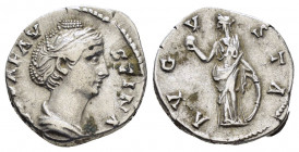 DIVA FAUSTINA I.(Died 140/141).Rome.Denarius. 

Obv : DIVA FAVSTINA.
Bust of Faustina I, draped, right, hair elaborately waved in several loops round ...