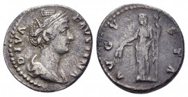 DIVA FAUSTINA I.(Died 140/1).Rome.Denarius.

Obv : DIVA FAVSTINA.
Bust of Faustina I, draped, right, hair elaborately waved in several loops round hea...