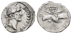 ANTONINUS PIUS.(138-161).Rome.Denarius.

Obv : ANTONINVS AVG PIVS P P.
Head of Antoninus Pius, laureate, right.

Rev : COS IIII.
Clasped hands h...