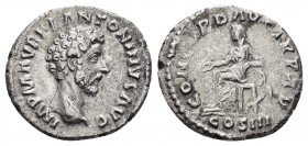 MARCUS AURELIUS. (139-161).Rome.Denarius.

Obv : IMP M AVREL ANTONINVS AVG.
Head of Marcus Aurelius, bare, right.

Rev : CONCORD AVG TR P XV COS ...