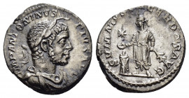 ELAGABALUS (218-222).Rome.Denarius. 

Obv : IMP ANTONINVS PIVS AVG.
Laureate, draped bust right, with horn.

Rev : SVMMVS SACERDOS AVG.
Elagabalus sta...