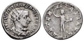 GORDIAN III.(238-244).Rome.Antoninianus.

Obv : IMP GORDIANVS PIVS FEL AVG.
Bust of Gordian III, radiate, draped, cuirassed, right.

Rev : AETERNITATI...