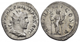 PHILIP I.(244-249).Rome.Antoninianus.

Obv : MP PHILIPPVS AVG.
Bust of Philip the Arab, radiate, draped, cuirassed, right.

Rev : P M TR P III COS P P...