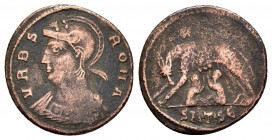 CONSTANTINE I.Commemorative Series.(330-354).Thessalonica.Ae.

Obv : VRBS ROMA.
Helmeted and mantled bust of Roma to left.

Rev : SMTSE.
She-wolf, sta...