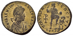 VALENTINIAN II.(383-388).Constantinople.Ae.

Obv : D N VALENTINI-ANVS P F AVG.
Bust of Valentinian II, pearl-diademed, draped and cuirassed, right.

R...